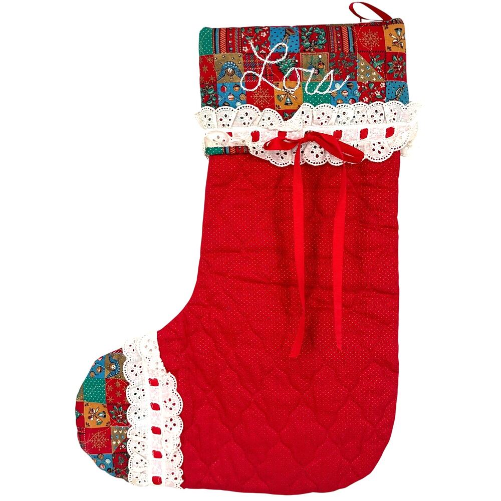 Homemade Vintage Quilted Red Lace Christmas Stocking Embroidered "Lois"